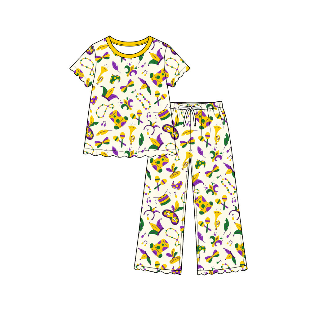 Baby Girls Crowns Masks Top Flare Pant Mardigras Scallop Clothes Set Preorder