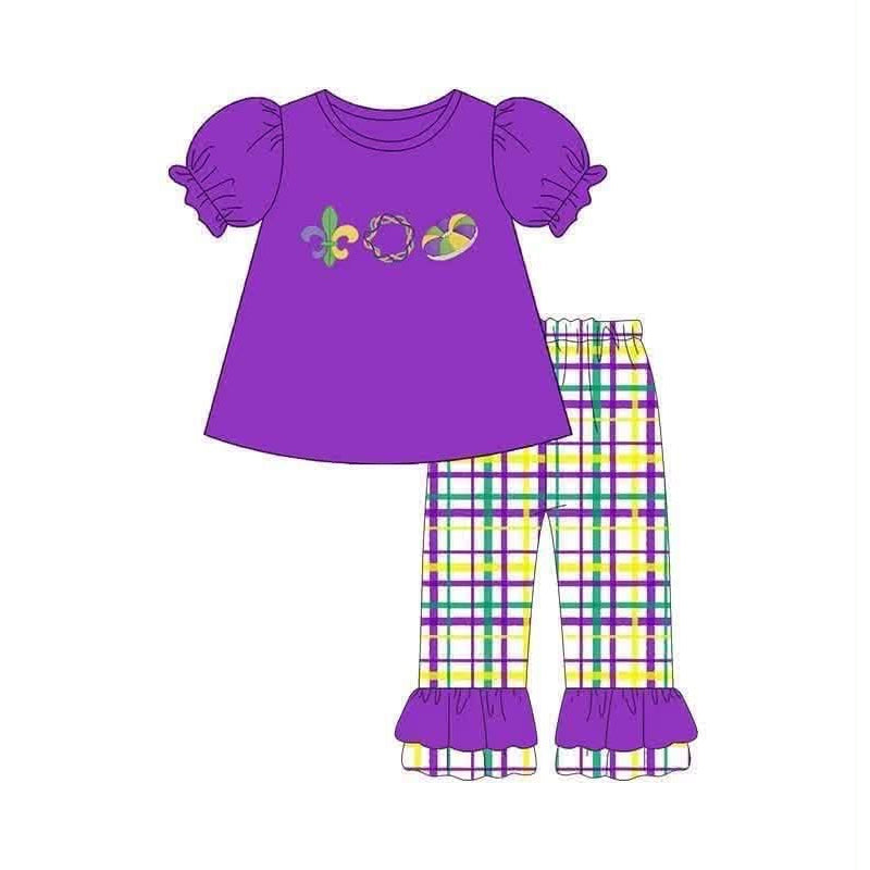 Baby Girls Anchors Donuts Top Checked Ruffle Pant Mardigras Clothes Set Preorder