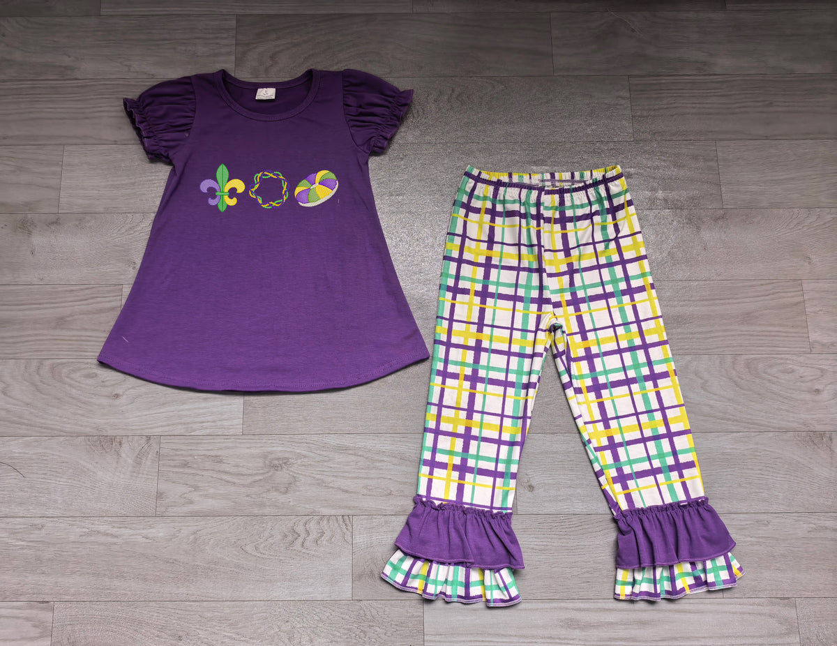 Embroidery Preorder Baby Girls Anchors Donuts Top Checked Ruffle Pant Mardigras Clothes Set