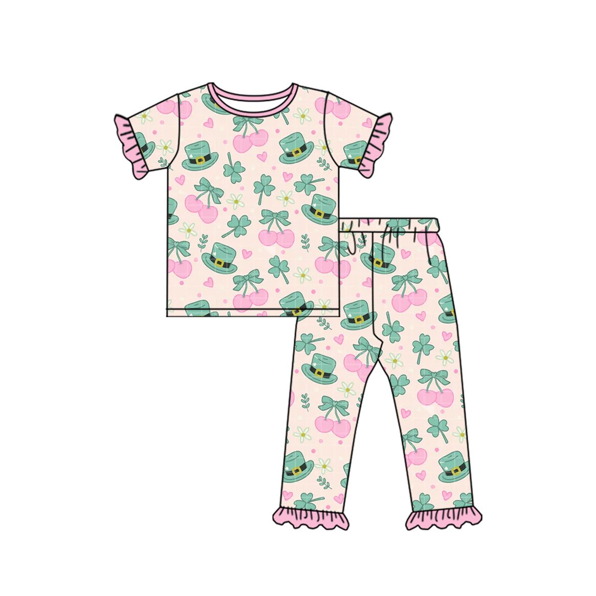 Baby Girls Clovers Hats Cherry Top Ruffle Pant St Patrick Pajamas Set Preorder
