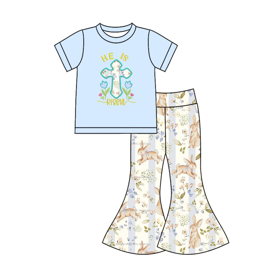 Preorder moq 5 Baby Girls He Is Risen Shirt Bell Bottom Pants Outfits Sets