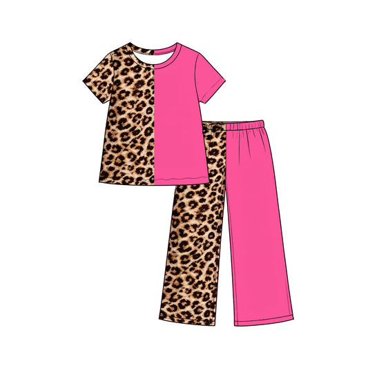 Baby Girls Short Sleeve Pink Leopard Shirt Flare Pants Outfits Sets Preorder