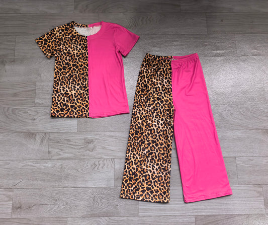 Baby Girls Short Sleeve Pink Leopard Shirt Flare Pants Outfits Sets Preorder