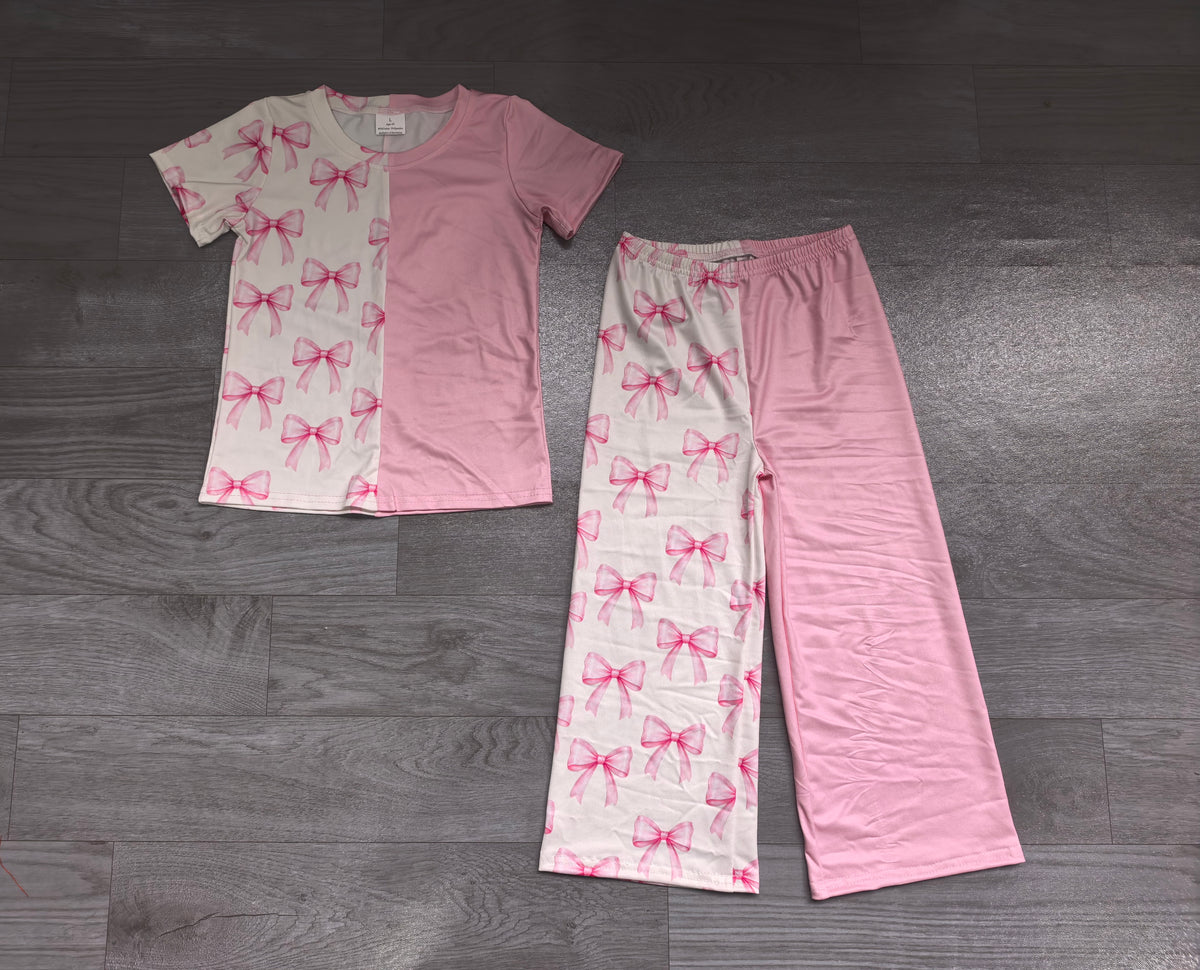 Baby Girls Short Sleeve Pink Bows Shirt Flare Pants Outfits Sets Preorder