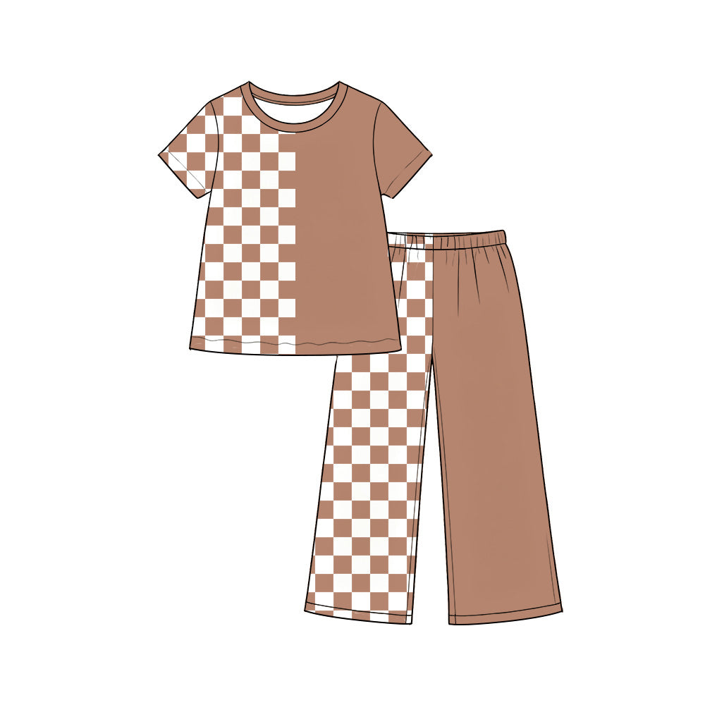 Preorder moq 5 Baby Girls Checkered Brown Shirt Pants Outfits Sets
