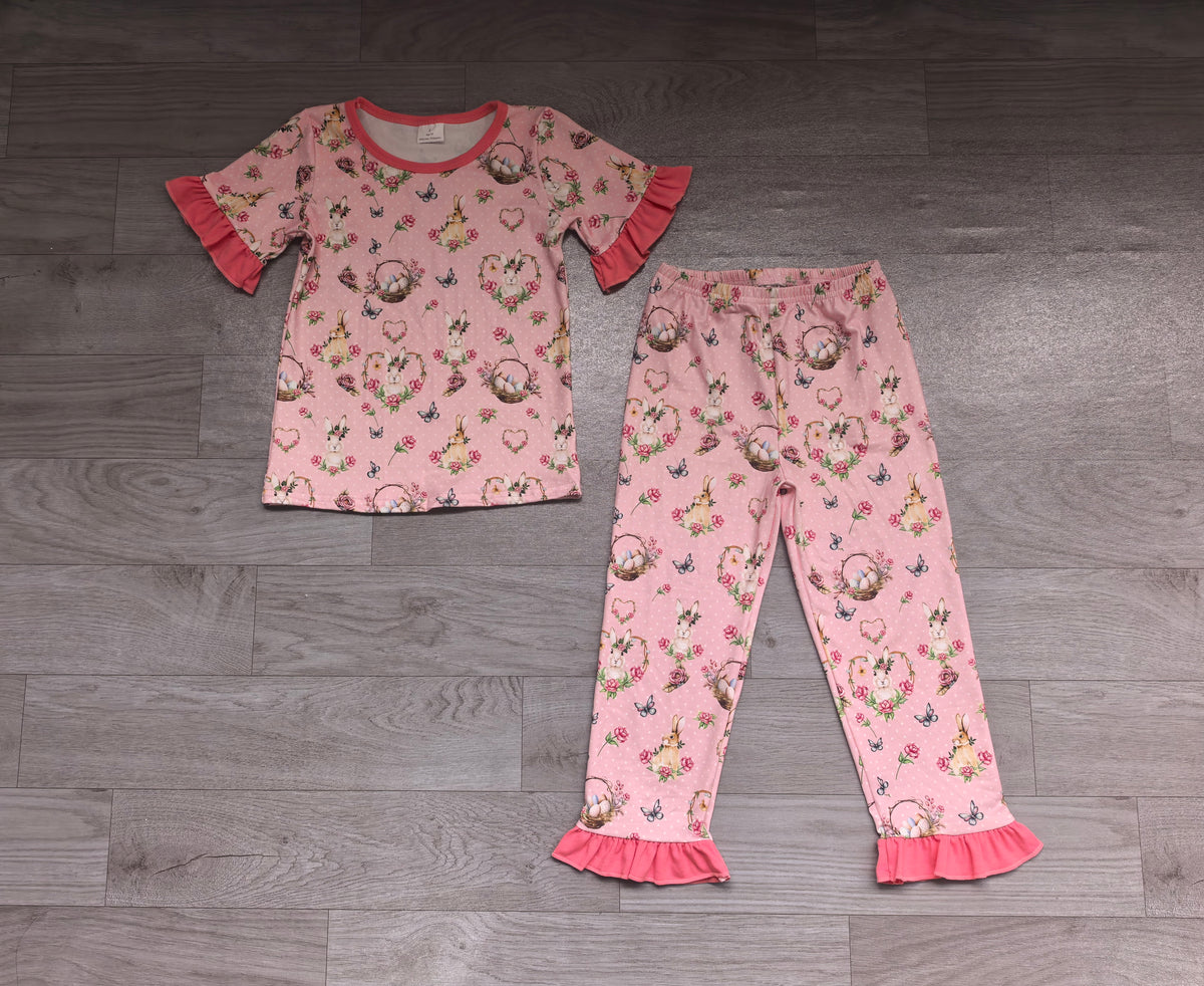 Baby Girls Flowers Rabbits Short Sleeve Top Ruffle Short Easter Pajamas Set Preorder