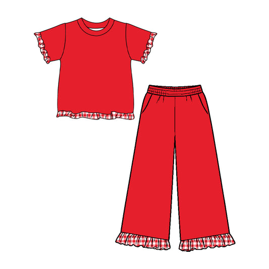 Preorder moq 5 Baby Girls Red Short Sleeve Top Pockets Ruffle Flare Pant Clothes Sets