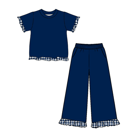 Preorder moq 5 Baby Girls Navy Short Sleeve Top Pockets Ruffle Flare Pant Clothes Sets