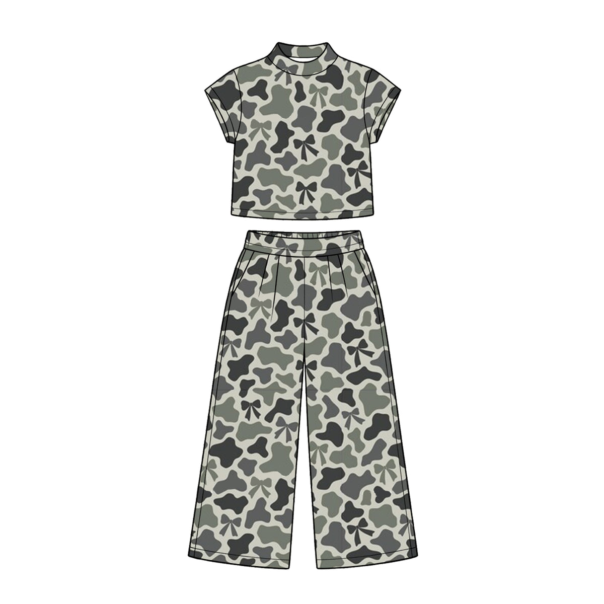 Preorder moq 5 Baby Girls Short Sleeve Olive Bows Camo Choker Top Pockets Flare Pant Sets