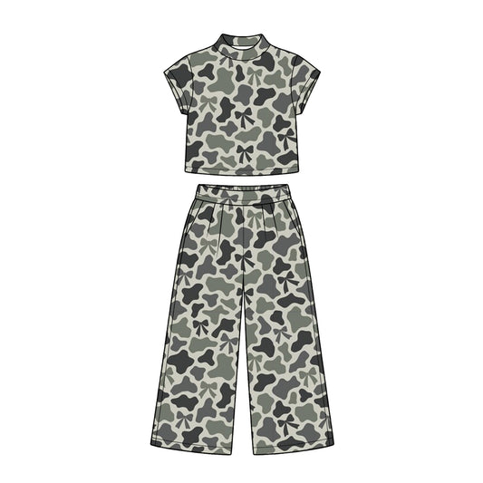 Preorder moq 5 Baby Girls Short Sleeve Olive Bows Camo Choker Top Pockets Flare Pant Sets