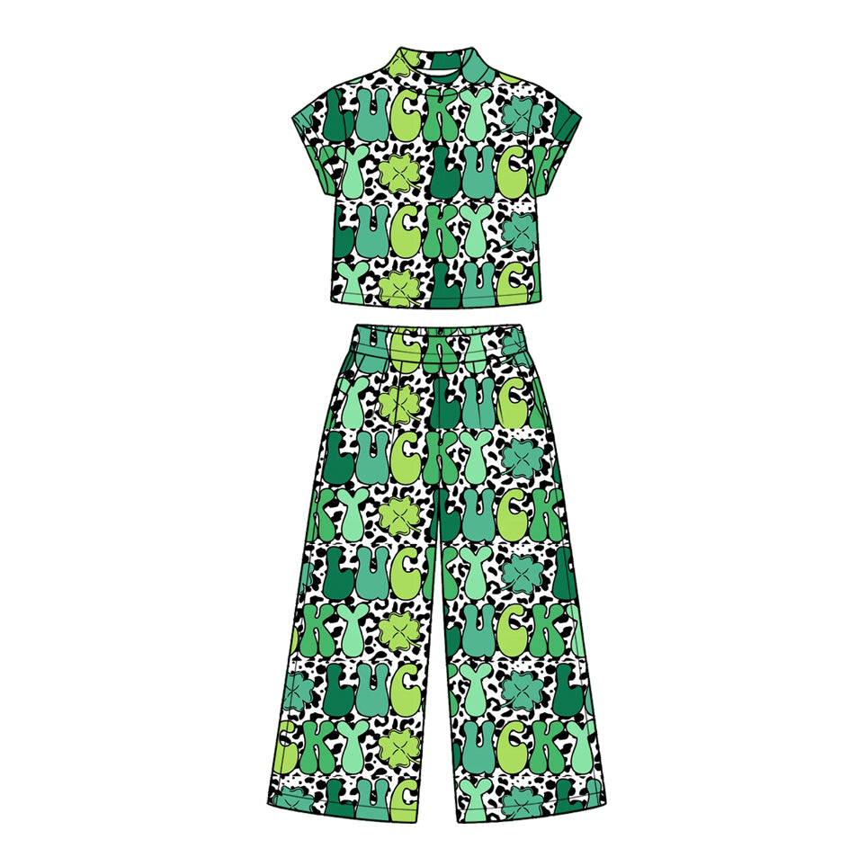 Preorder moq 5 Baby Girls Clovers Lucky Choker Top Pockets Flare Pant St Patrick Sets