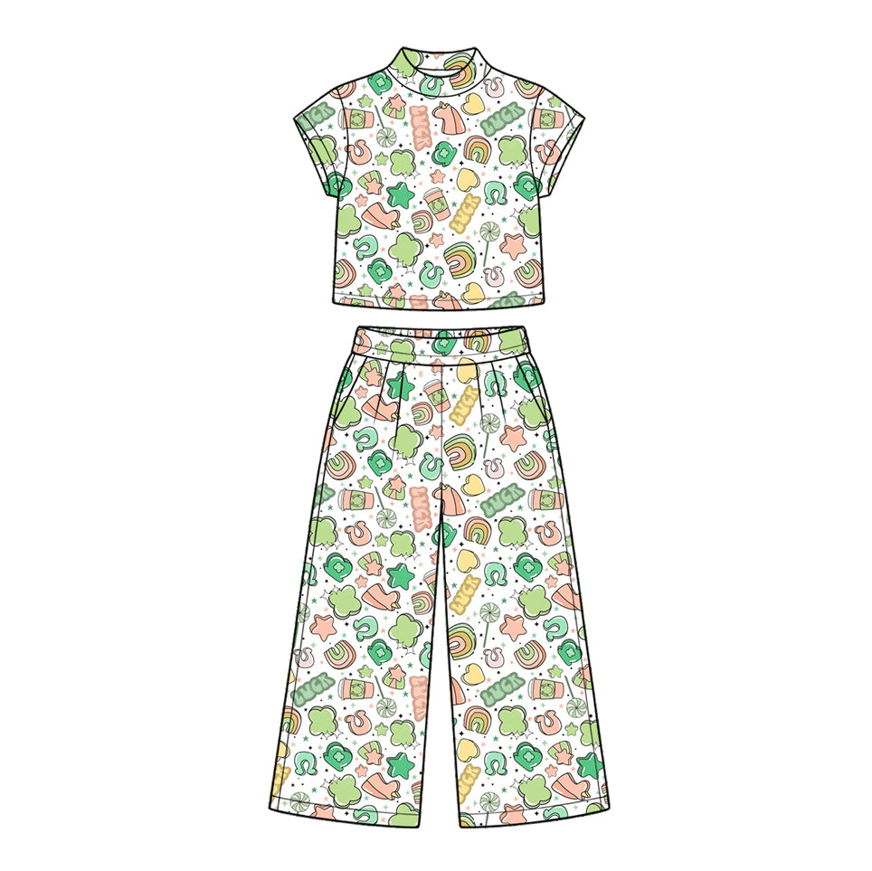 Preorder moq 5 Baby Girls Clovers Lucky Choker Top Pockets Flare Pant St Patrick Sets