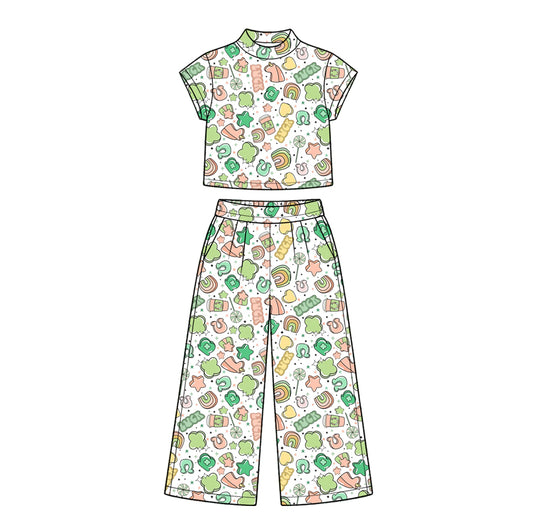 Preorder moq 5 Baby Girls Clovers Lucky Choker Top Pockets Flare Pant St Patrick Sets