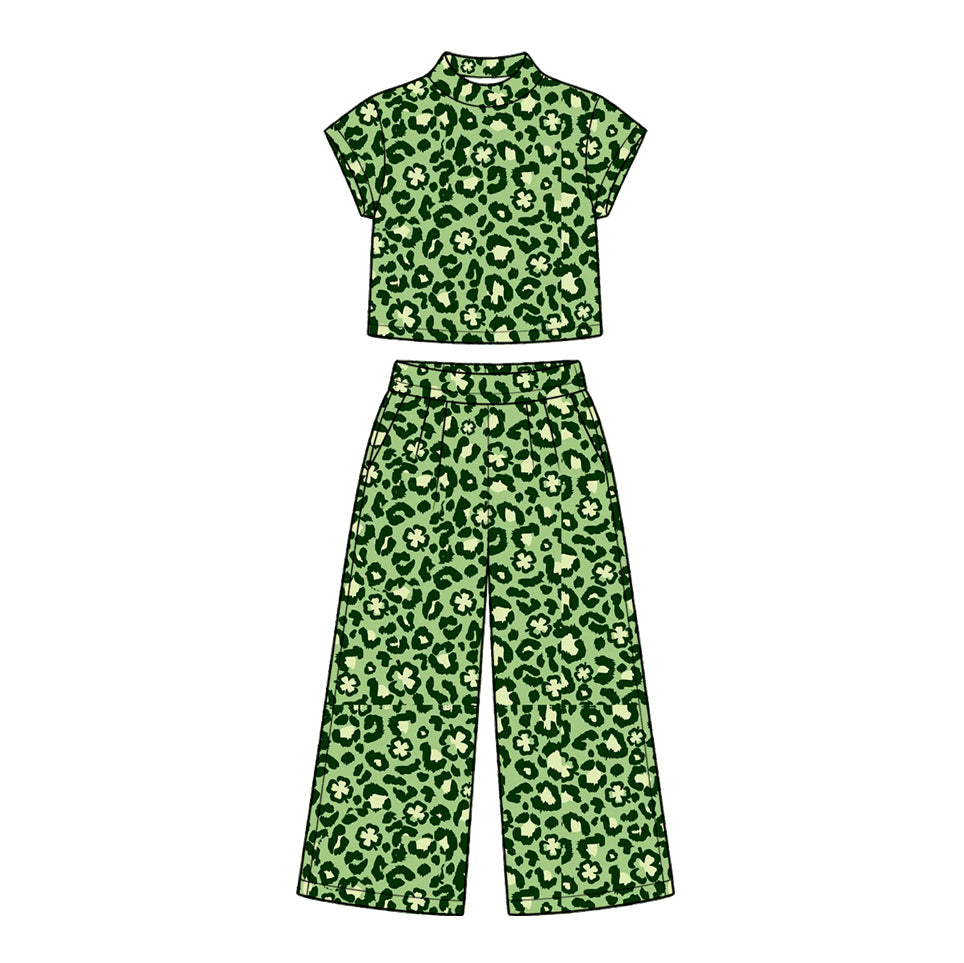 Preorder moq 5 Baby Girls Clovers Leopard Choker Top Pockets Flare Pant St Patrick Sets