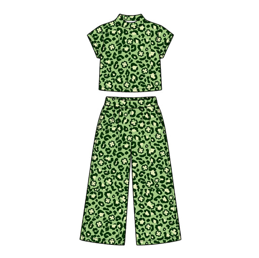 Preorder moq 5 Baby Girls Clovers Leopard Choker Top Pockets Flare Pant St Patrick Sets