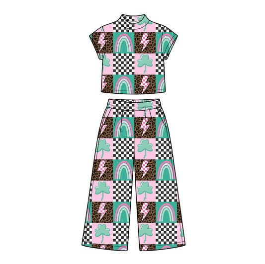 Preorder moq 5 Baby Girls Clovers Lightnings Choker Top Pockets Flare Pant St Patrick Sets