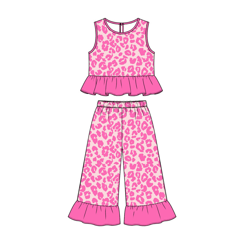 Preorder moq 5 Baby Girls Pink Leopard Sleeveless Tunic Ruffle Pant Clothes Set