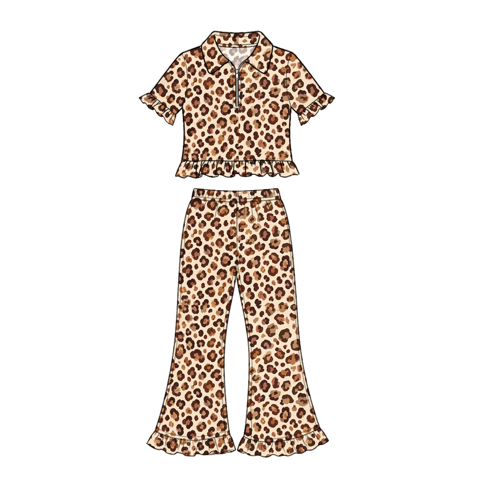 Preorder moq 5 Baby Girls Khaki Leopard Zip Pullovers Ruffle Flare Pant Clothes Set