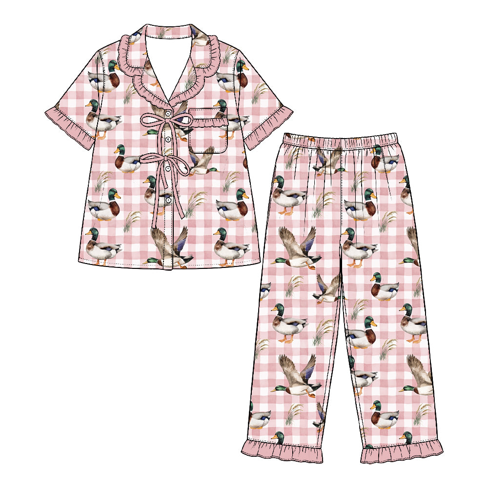 Preorder moq 5 Baby Girls Pink Checked Ducks Bows Button Pockets Ruffle Pant Pajamas Set