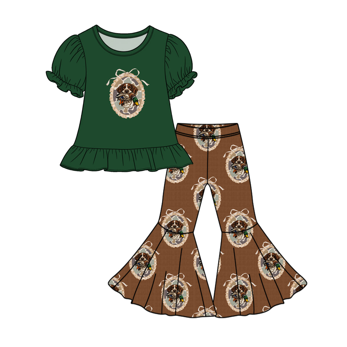 Preorder moq 5 Baby Girls Bows Ducks Dogs Tunic Bell Bottom Pant Hunting Clothes Set