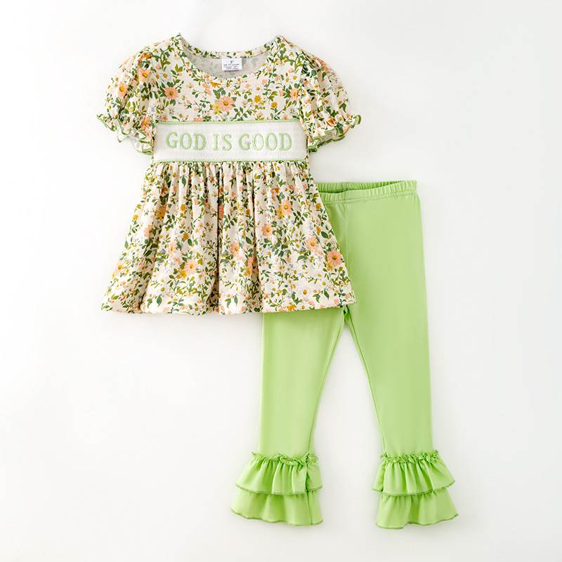 Preorder moq 5 Baby Girls Flowers God is Good Tunic Ruffle Pant Clothes Set