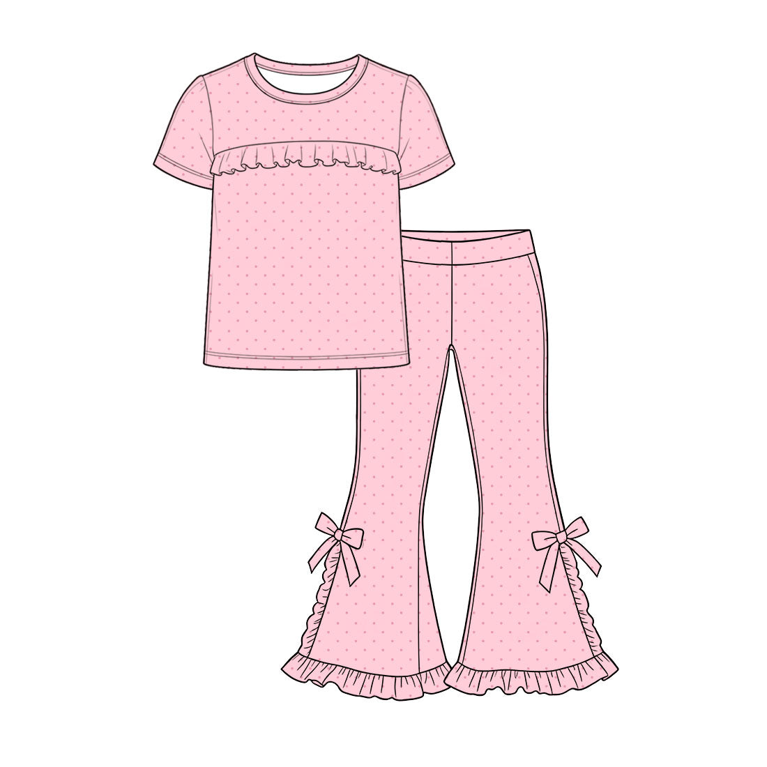 Preorder moq 5 Baby Girls Pink Short Sleeve Polka Dots Top Ruffle Flare Pant Clothes Set