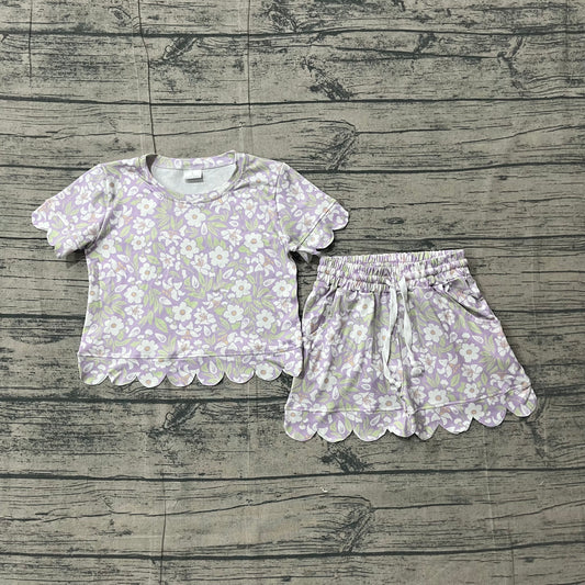 Baby Girls Lavender Flowers Top Short Scallop Clothes Sets Preorder