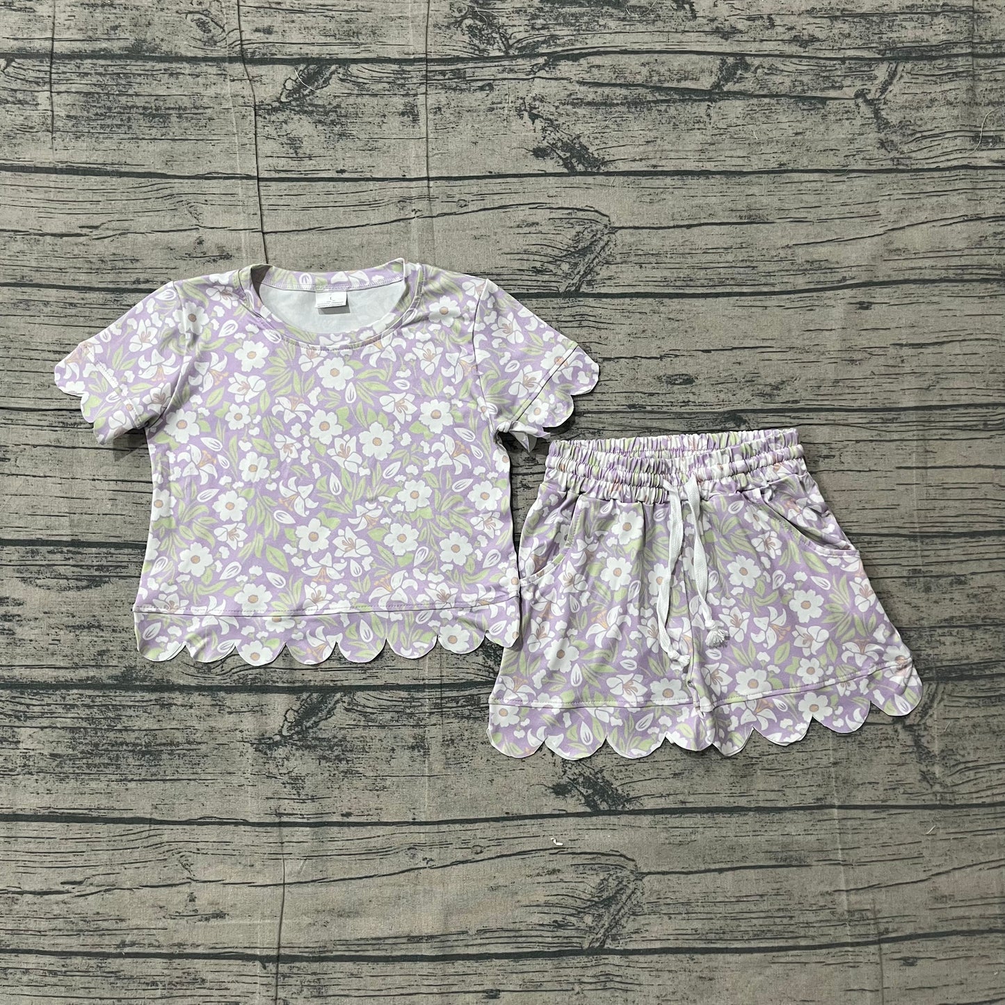 Baby Girls Short Sleeve Colorful Flowers Top Pockets Shorts Scallop Sets