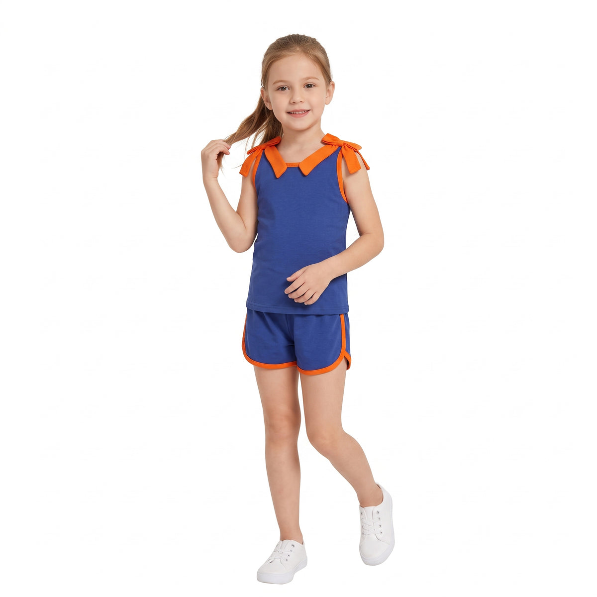 Baby Girls Hot Blue Orange Bows Sleeveless Vest Pockets Short Clothes Sets