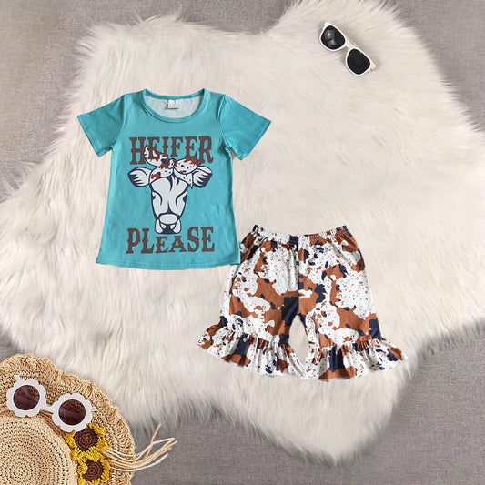 Sibling Baby Girls Cow Print Top Ruffle Shorts Clothes Set