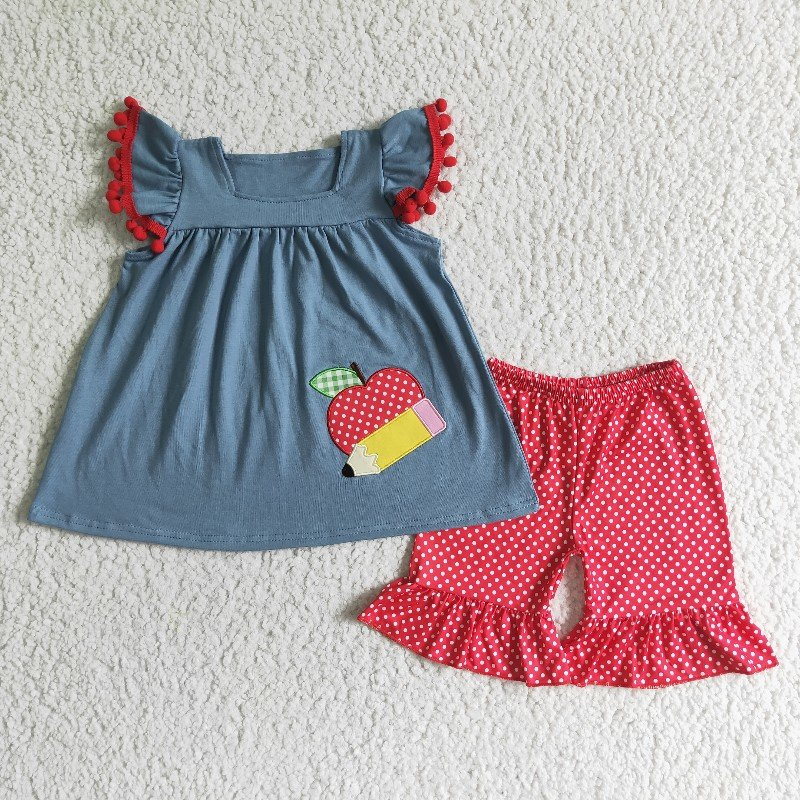 Sibling Embroidery Apples Pencils Baby Kids Back To School Short Clothes Set Dresses