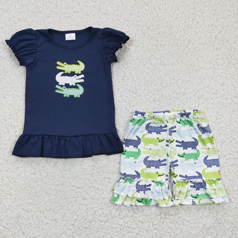 Sibling Boys Baby Girls Summer Crocodile Embroidery Shorts Sets