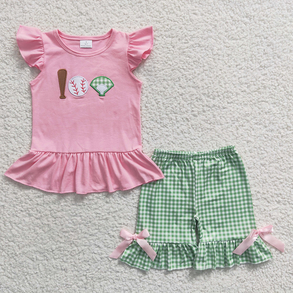 Sibling Boys Baby Girls Baseball Green Checkered Summer Outfits Suits