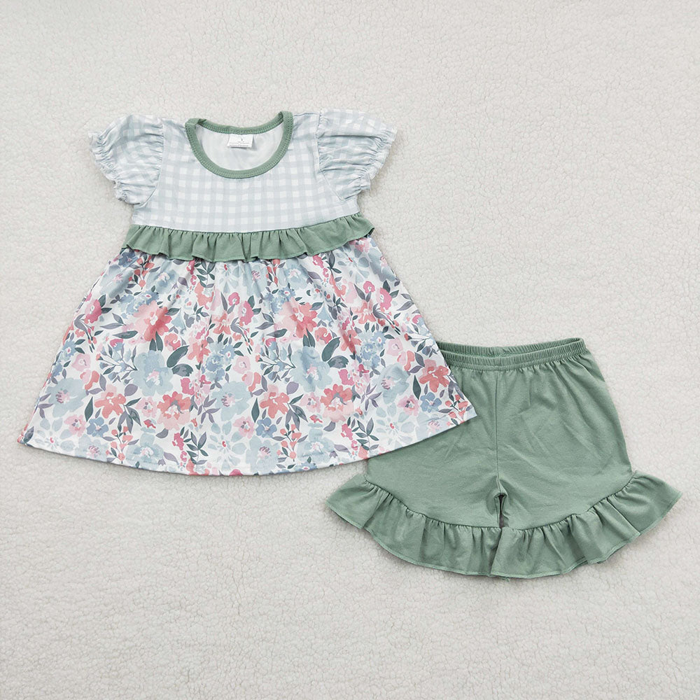 Sibling Baby Girls Green Floral Dresses Outfits Clothes Sets