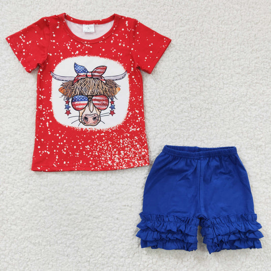 Sibling Baby Girls Western 4th Of July Cow Icing Shorts Clothes Sets