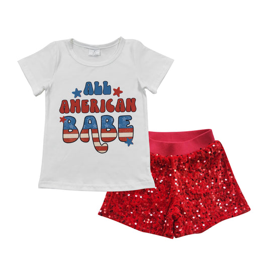 Baby Girls 4th Of July American Babe Red Sequin Shorts Clothes Sets