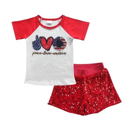 Baby Girls 4th Of July Flowers Red Sequin Shorts Clothes Sets
