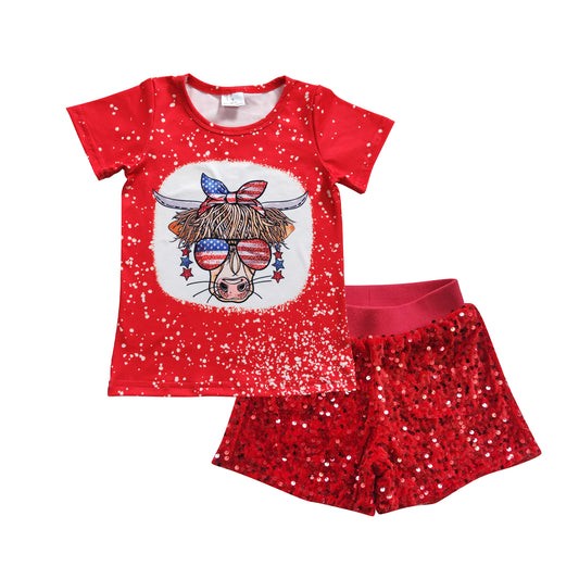 Baby Girls 4th Of July Cow Red Sequin Shorts Clothes Sets