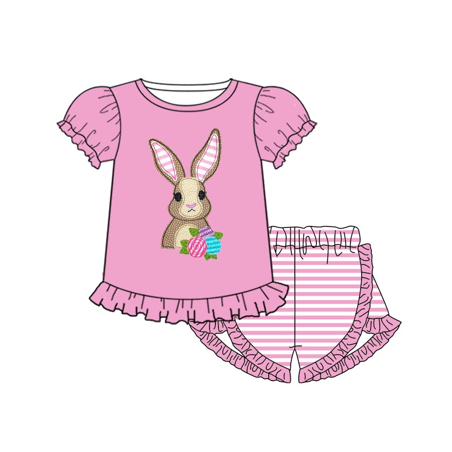 Baby Girls Pink Rabbit Flowers Easter Short Sleeve Shirts Top Shorts Clothes Sets preorder