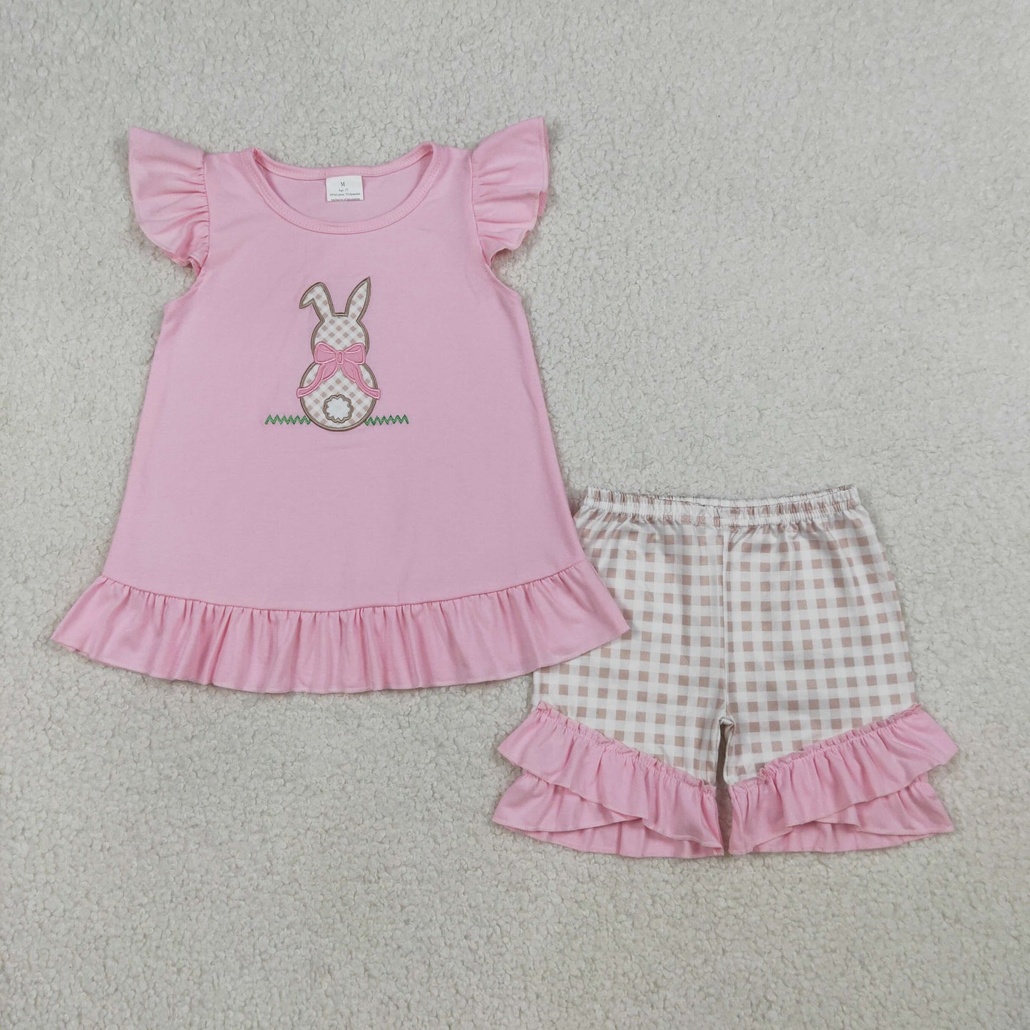 Embroidery Rabbit Baby Girls Pink Tunic Checked Ruffle Shorts Easter Sets