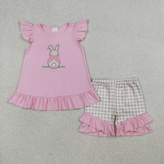Embroidery Rabbit Baby Girls Pink Tunic Checked Ruffle Shorts Easter Sets