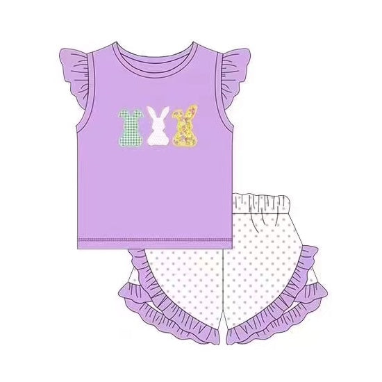 Baby Girls Lavender Easter Rabbits Tee Shirts Ruffle Shorts Clothing Sets preorder