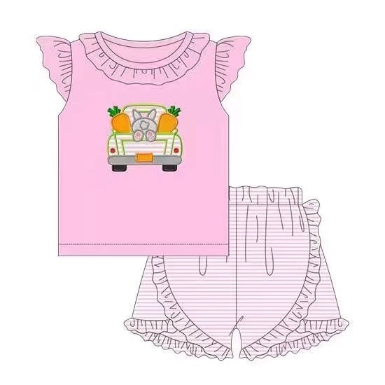 Baby Girls Tractor Easter Tee Shirts Pink Stripes Shorts Clothing Sets preorder