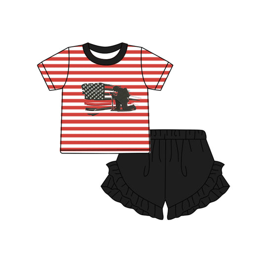 Baby Girls Red Stripes Firefither Shirt Tee Black Shorts Clothes Sets preorder