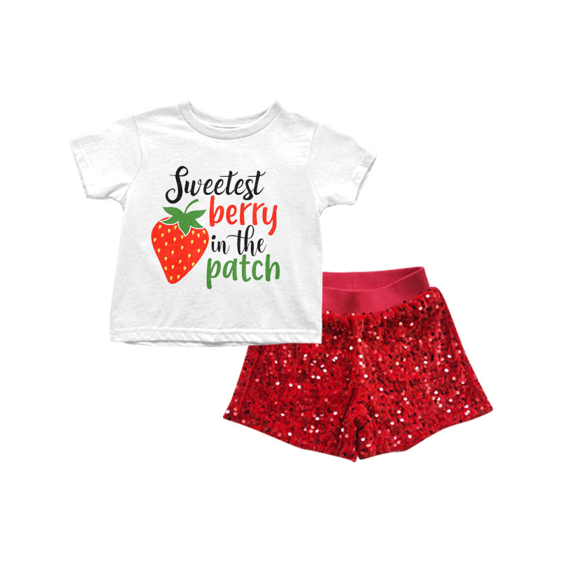 Baby Girls Sweet Strawberry Tee Shirts Red Sequin Shorts Clothes Sets preorder