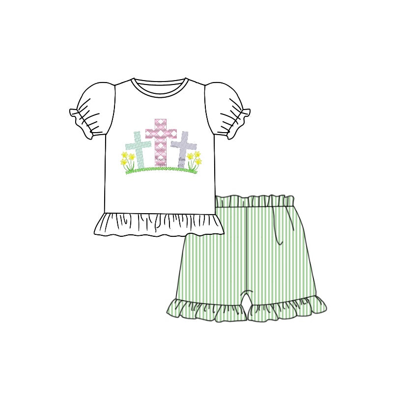 Baby Girls Easter Cross Green Ruffle Shirts Shorts Clothes Sets preorder