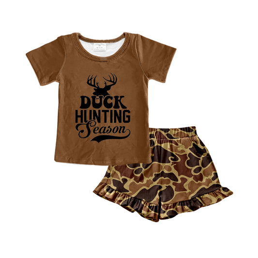 Baby Girls Duck Hunting Season Brown Tee Shirts Ruffle Shorts Clothes Sets preorder