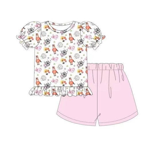 Baby Girls Cows Horse Farm Shirt Top Pink Shorts Clothing Sets preorder