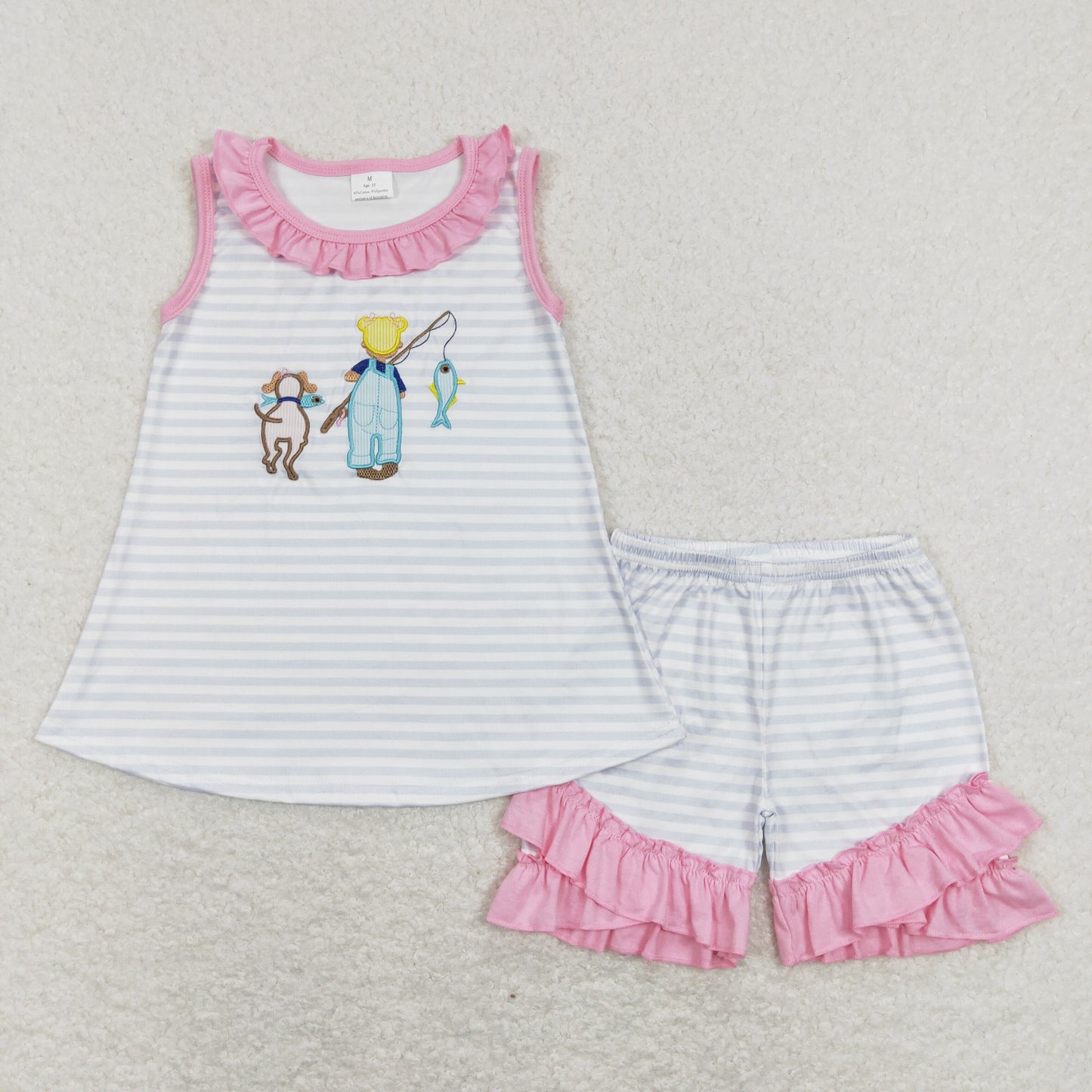 Sibling Baby Kids Embroidery Fishing Stripe Tunic Ruffle Shorts Hunting Clothes Set Rompers