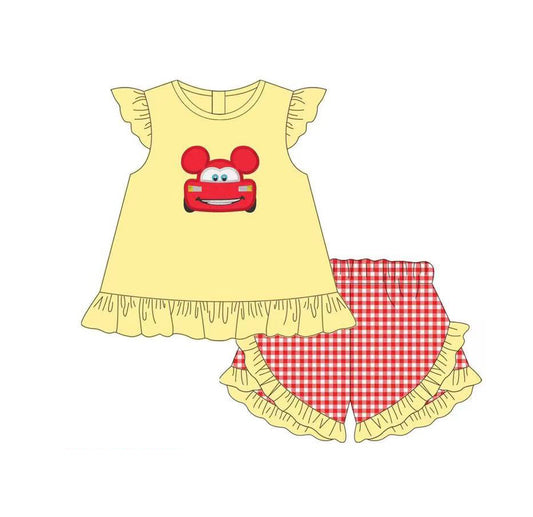 Baby Girls Cartoon Car Flutter Sleeve Top Ruffle Shorts Outfits Clothes Sets preorder